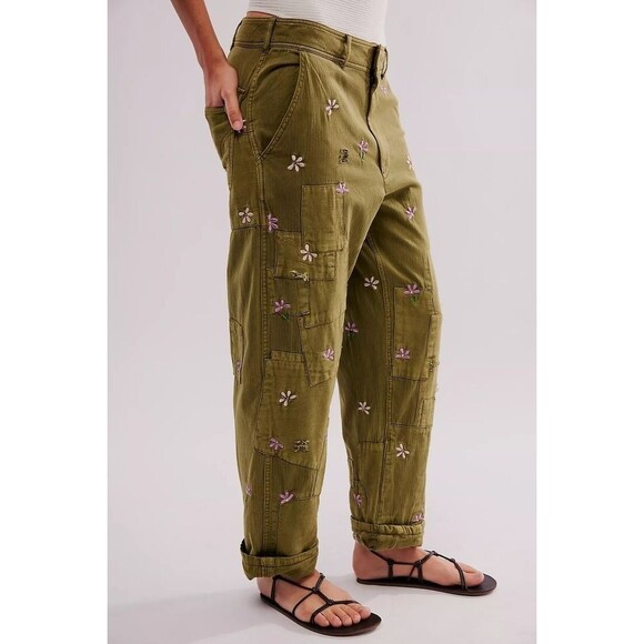 Free People Patched Posy Trousers Pants Floral Embroidered Green XS NWD 279862